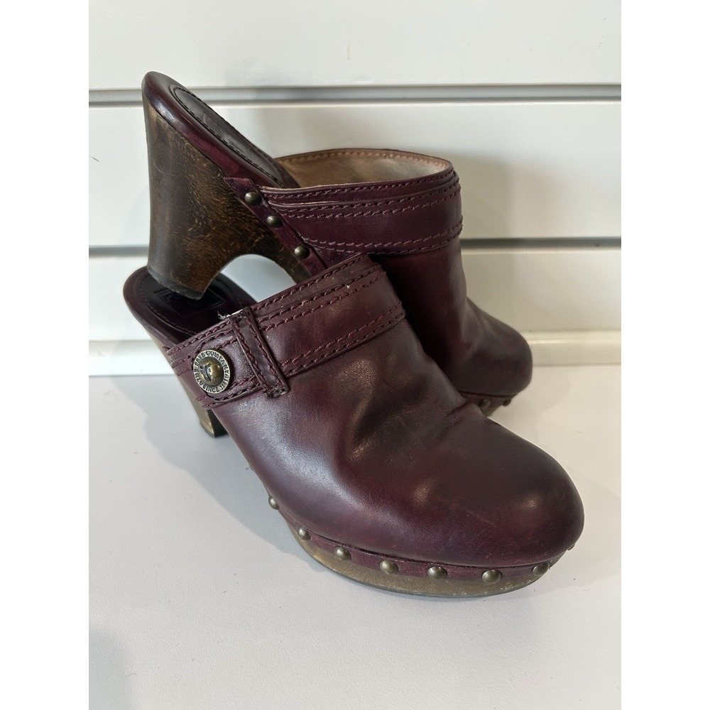 Frye Audra Button Heel Oxblood Leather Clogs Sz 7 Mule Slide Block Heel Studded
